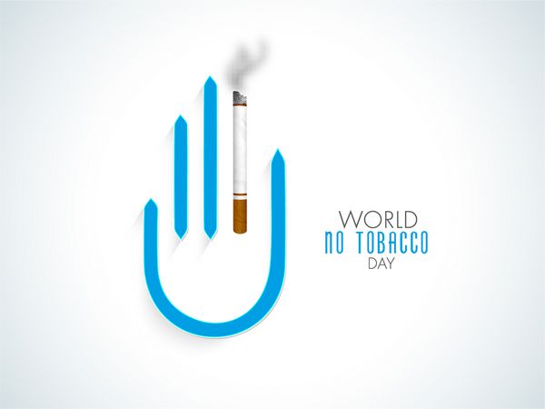 طراحی پوستر بنر یا بروشور برای روز جهانی بدون دخانیات با تصویر دست انسان و سیگار در زمینه خاکستری