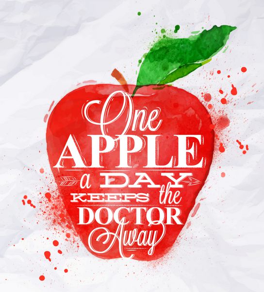 پوستری با آبرنگ قرمز با حروف یک سیب در روز دکتر را دور نگه می دارد