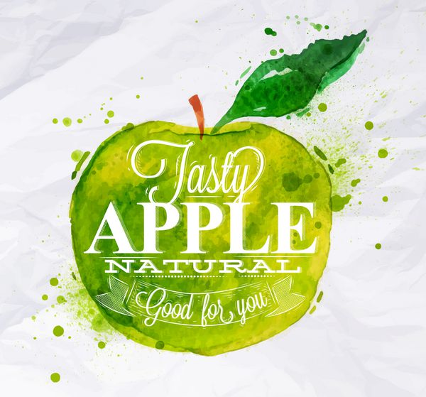 پوستری با آبرنگ سبز حروف سیب خوشمزه سیب طبیعی برای شما خوب است