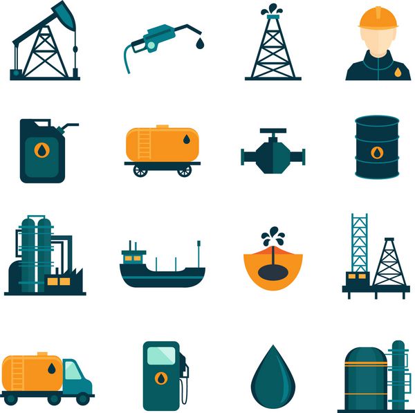 نمادهای حمل و نقل نفت فرآیند پالایش حفاری صنعت نفت با وکتور جدا شده مسطح نفتکش و پمپ
