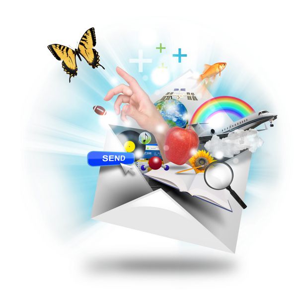 نامه یا ایمیلی در حال باز شدن است که اشیاء زیادی مانند پروانه و کتاب بیرون می‌زند از آن برای نماد خبرنامه یا ایمیل استفاده کنید
