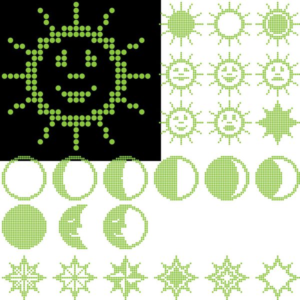 نماد نجومی تک رنگ فلورسنت مبتنی بر نقطه با خورشید ماه و ستاره برای صفحه های کنترلی نمایش اطلاعات و طراحی وب نمادهای بیشتری در دسترس هستند