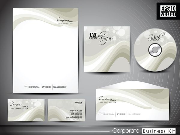 کیت هویت شرکتی حرفه ای یا کیت تجاری با جلوه موج هنری و انتزاعی برای کسب و کار شما شامل طرح های جلد سی دی کارت ویزیت پاکت نامه و طرح های سر نامه در فرمت است