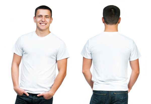 تی شرت سفید روی یک مرد جوان جدا شده جلو و پشت