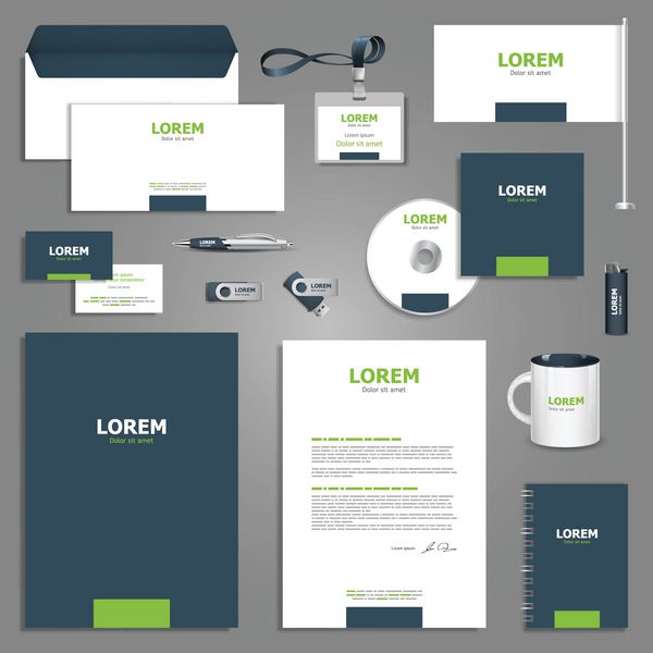 طرح قالب لوازم التحریر خاکستری با عناصر سبز اسناد برای تجارت