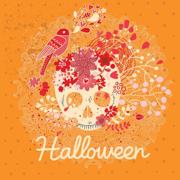کارت هالووین روشن در وکتور ترکیب بندی شیک تعطیلات با جمجمه پرنده و گل به سبک وینتیج
