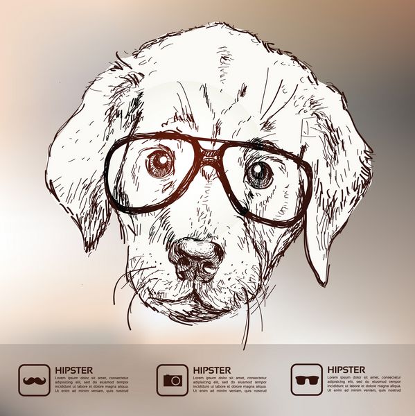 تصویر کلاسیک از توله سگ هیپستر با عینک در وکتور تصویر ترسیم شده با دست شیء جدا شده بردار تصویر واقعی