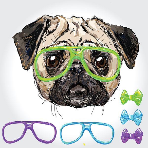 تصویر کلاسیک از پاگ توله سگ هیپستر با عینک های مختلف در وکتور تصویر ترسیم شده با دست شیء جدا شده بردار تصویر واقعی