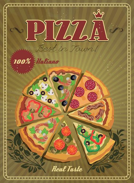 پوستر وکتور با پیتزا و تکه ای از پیتزا غذای ایتالیایی سبک وینتیج