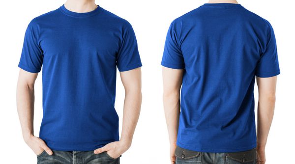 مفهوم طراحی لباس - مردی با تی شرت آبی خالی نمای جلو و پشت