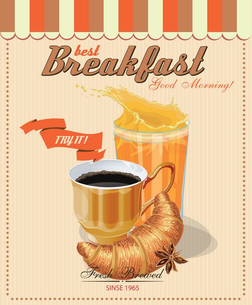 پوستر با فنجان قهوه نوعی از نان شیرین لیوان آب میوه بردار کافه فرانسوی سبک وینتیج
