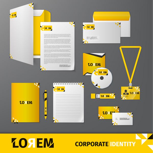 الگوی لوازم التحریر تجاری با فناوری هندسی زرد برای وکتور جدا شده از هویت سازمانی و مجموعه برندسازی