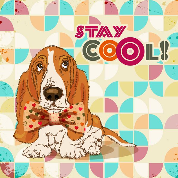 سگ هیپستر با کمان پوستر رترو به سبک دیسکو کارت قدیمی طراحی تی شرت با چاپ حیوانات
