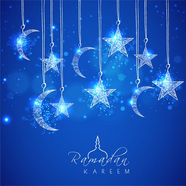 ماه‌ها و ستاره‌های درخشان در زمینه آبی برای ماه مبارک جامعه مسلمانان رمضان کریم