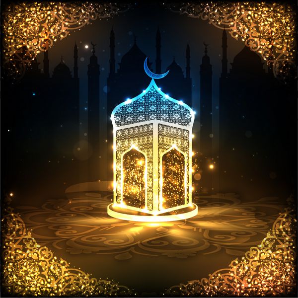 نمایی از یک مسجد براق در پس زمینه شب بر روی قاب تزئین شده با طرح گل طلایی زیبا برای ماه مبارک جامعه مسلمانان رمضان کریم
