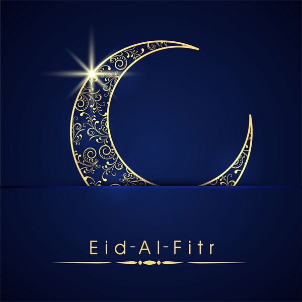 هلال ماه آبی براق و طلایی در زمینه آبی به مناسبت جشن جامعه مسلمانان عید سعید فطر