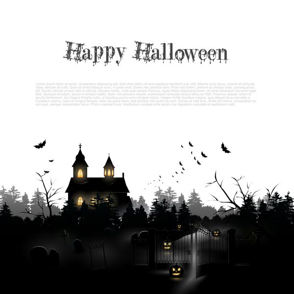 شبح کلیسا و گورستان در جنگل - پس زمینه هالووین با مکانی برای متن شما