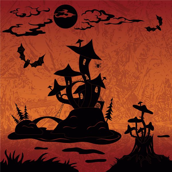 منظره تعطیلات هالووین با قلعه قارچ جادویی در جزیره مرداب ماه کنده با وزغ و خفاش شبح سیاه در پس زمینه انتزاعی بردار