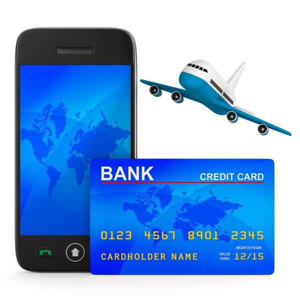 تلفن و کارت اعتباری و هواپیما تصویر سه بعدی جدا شده