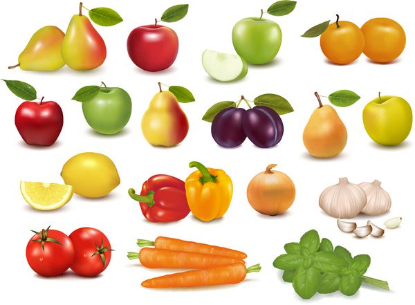 مجموعه بزرگ از میوه ها و سبزیجات وکتور