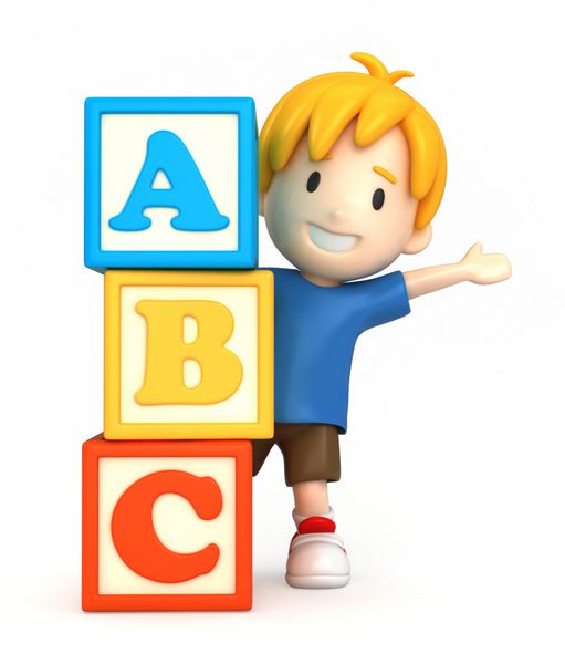 رندر سه بعدی پسر و بلوک های ساختمانی با ABC