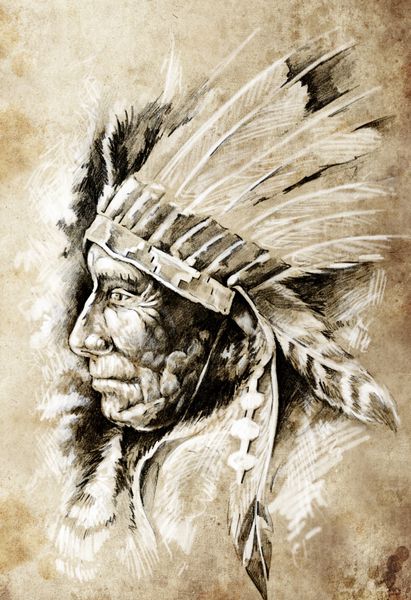 طرحی از هنر خال کوبی سر سرخپوست بومی آمریکا رئیس وینتگ