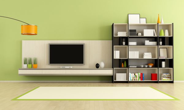اتاق نشیمن سبز با پایه تلویزیون و قفسه کتاب - رندر