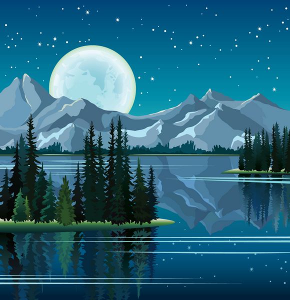 درختان کاج و ماه کامل در آب با کوه ها منعکس شده است
