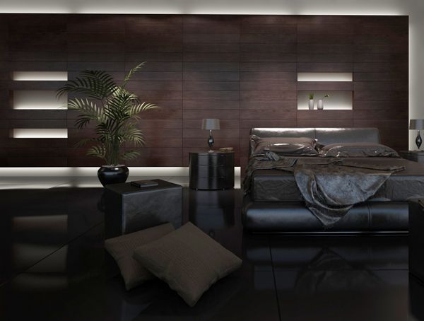 اتاق خواب با طراحی مدرن با بالش مشکی