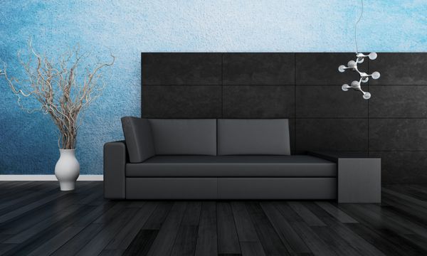 کاناپه مدرن جلوی دیوار فضای داخلی سه بعدی
