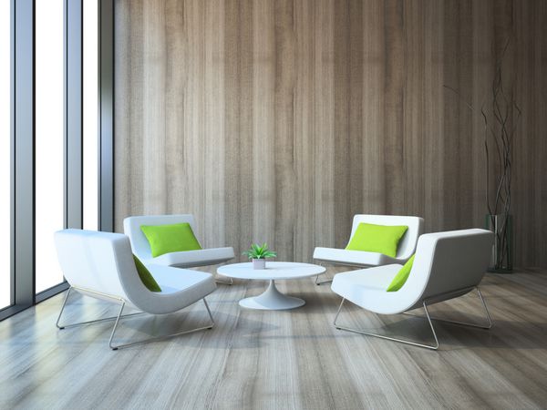 فضای داخلی مدرن با چهار صندلی راحتی و رندر سه بعدی میز قهوه
