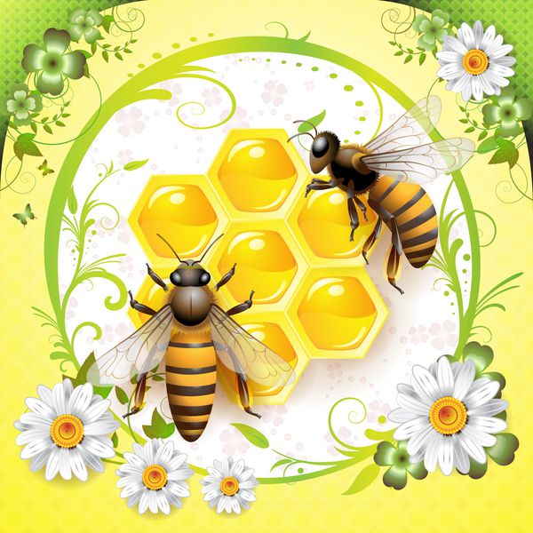 دو زنبور عسل و لانه زنبور در پس زمینه بهار