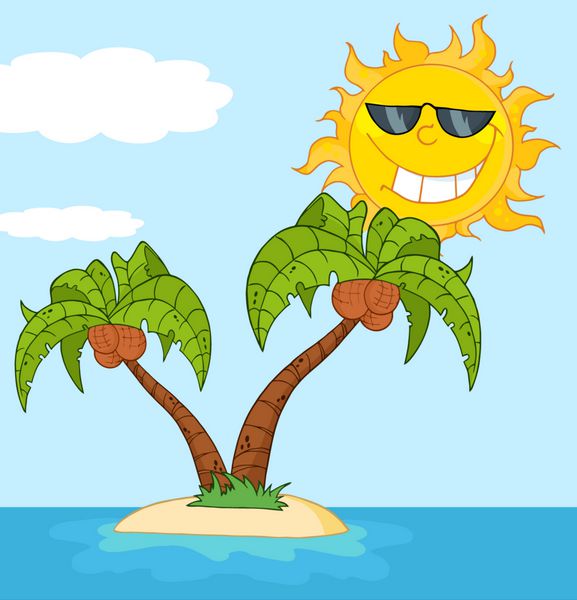جزیره با دو درخت نخل و خورشید کارتونی