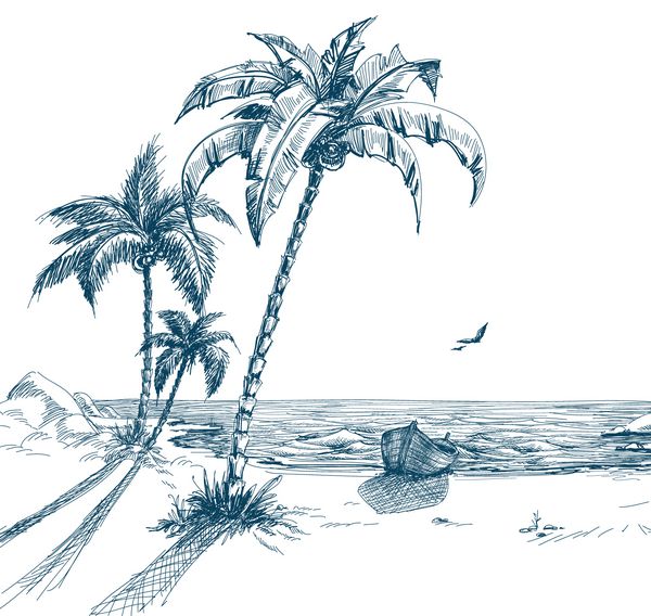 ساحل تابستانی با درختان نخل مرغان دریایی و قایق در ساحل