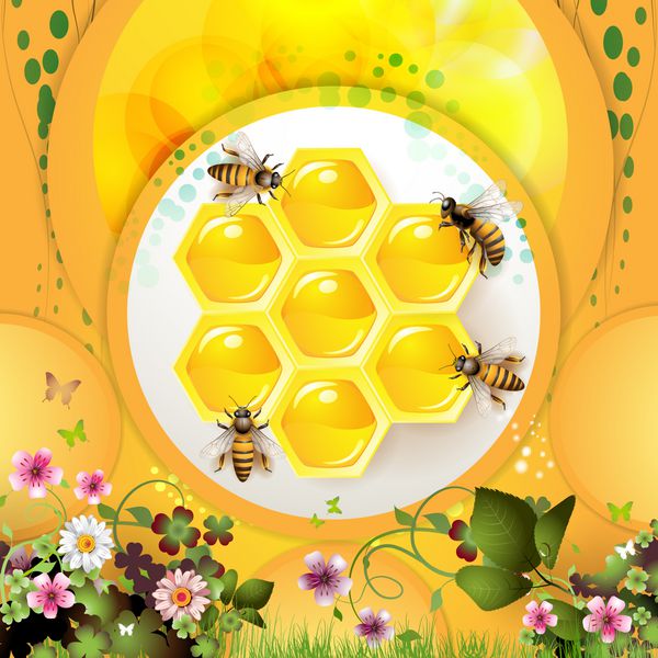 زنبورها و لانه زنبوری روی پس زمینه زرد
