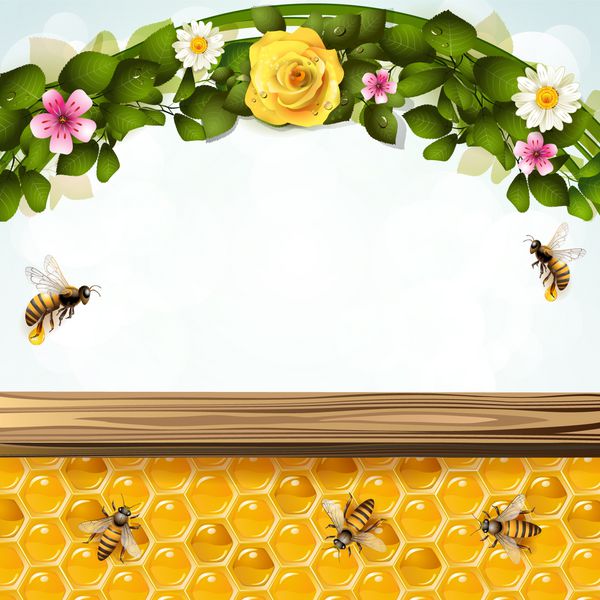 پس زمینه گل با زنبور عسل و لانه زنبوری