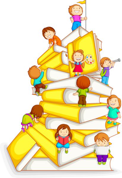 وکتور از بچه ها در حال بالا رفتن از پشته کتاب