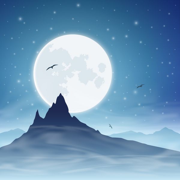 کوهی با ماه و آسمان شب