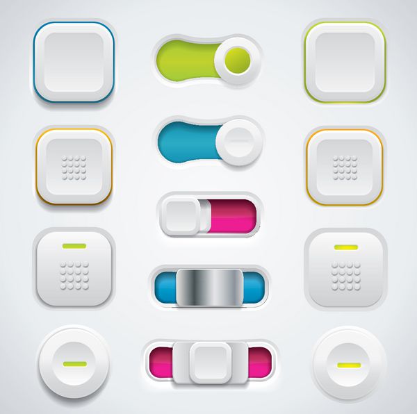 مجموعه دکمه های UI مدرن شامل سوئیچ ها و دکمه های فشاری