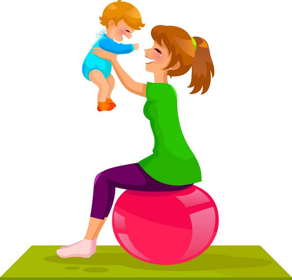 مادر و نوزاد در حال بازی با توپ ژیمناستیک