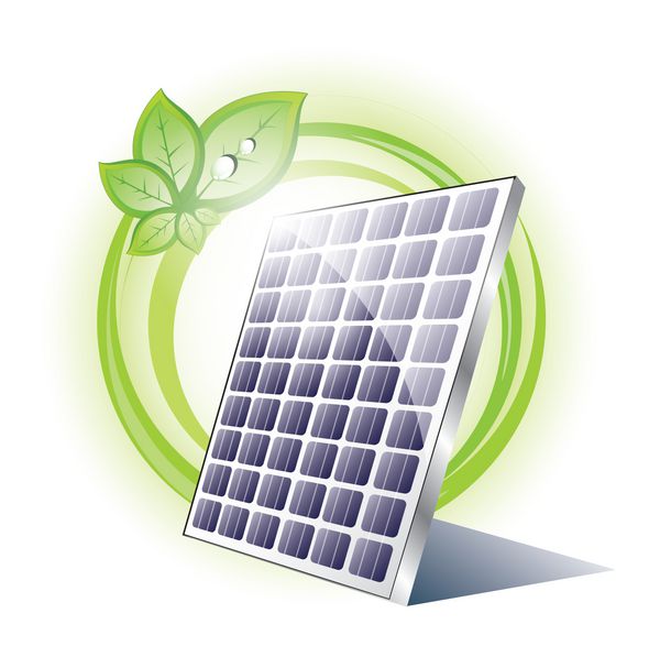 پنل خورشیدی با دایره های سبز و گیاه