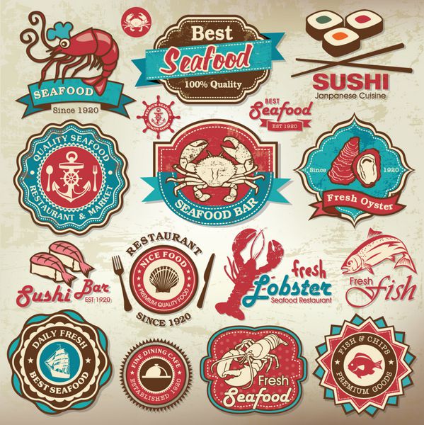 مجموعه ای از برچسب ها نشان ها و نمادهای رستوران غذاهای دریایی