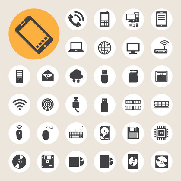 مجموعه نمادهای دستگاه های تلفن همراه رایانه و اتصالات شبکه