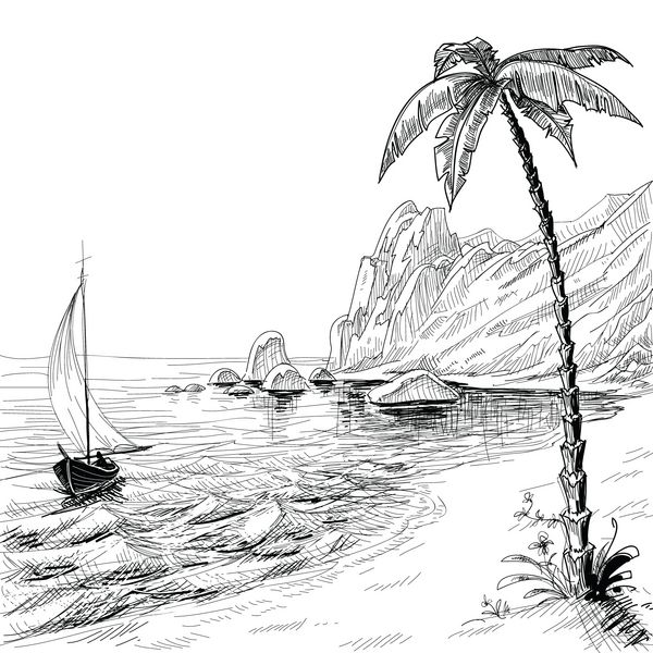 طرح وکتور ساحل دریا قایق و درخت نخل