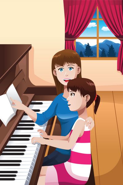 دختری در حال یادگیری نواختن پیانو