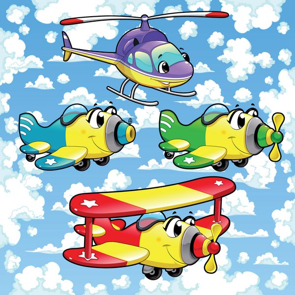 هواپیماها و هلیکوپترهای کارتونی در آسمان