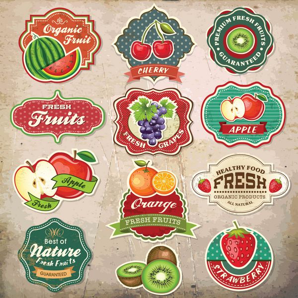 مجموعه ای از عناصر طراحی میوه تازه گرانج قدیمی رترو