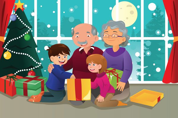 کودکانی که هدیه کریسمس را از پدربزرگ و مادربزرگ باز می کنند