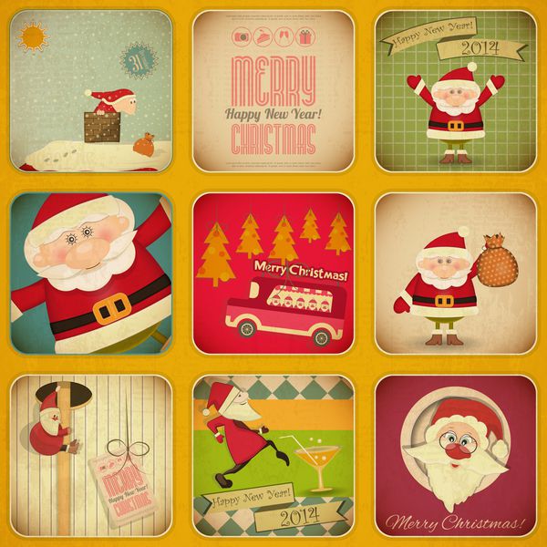 کارت رترو کریسمس و سال نو مبارک ست بابا نوئل