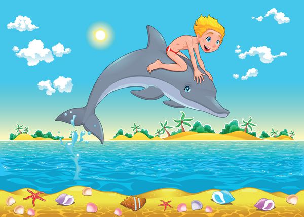 پسر و دلفین در دریا